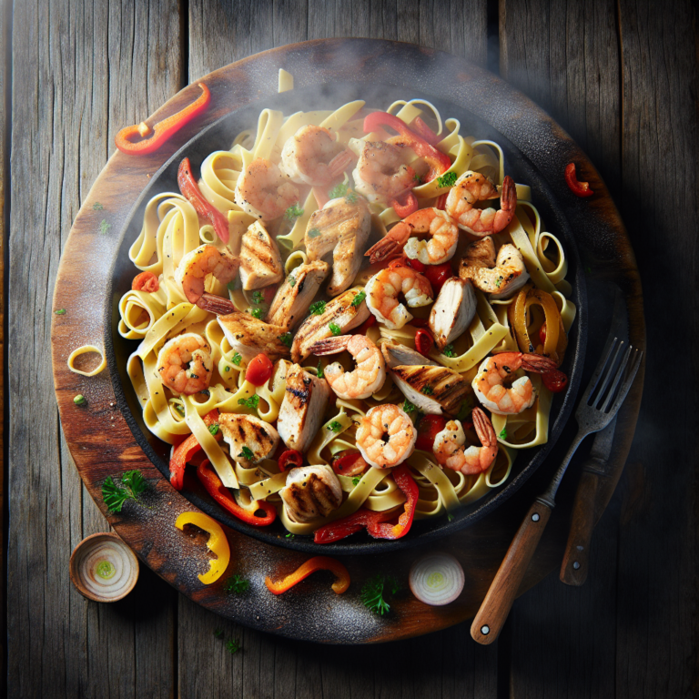 Pasta Queensland con pollo y camarones